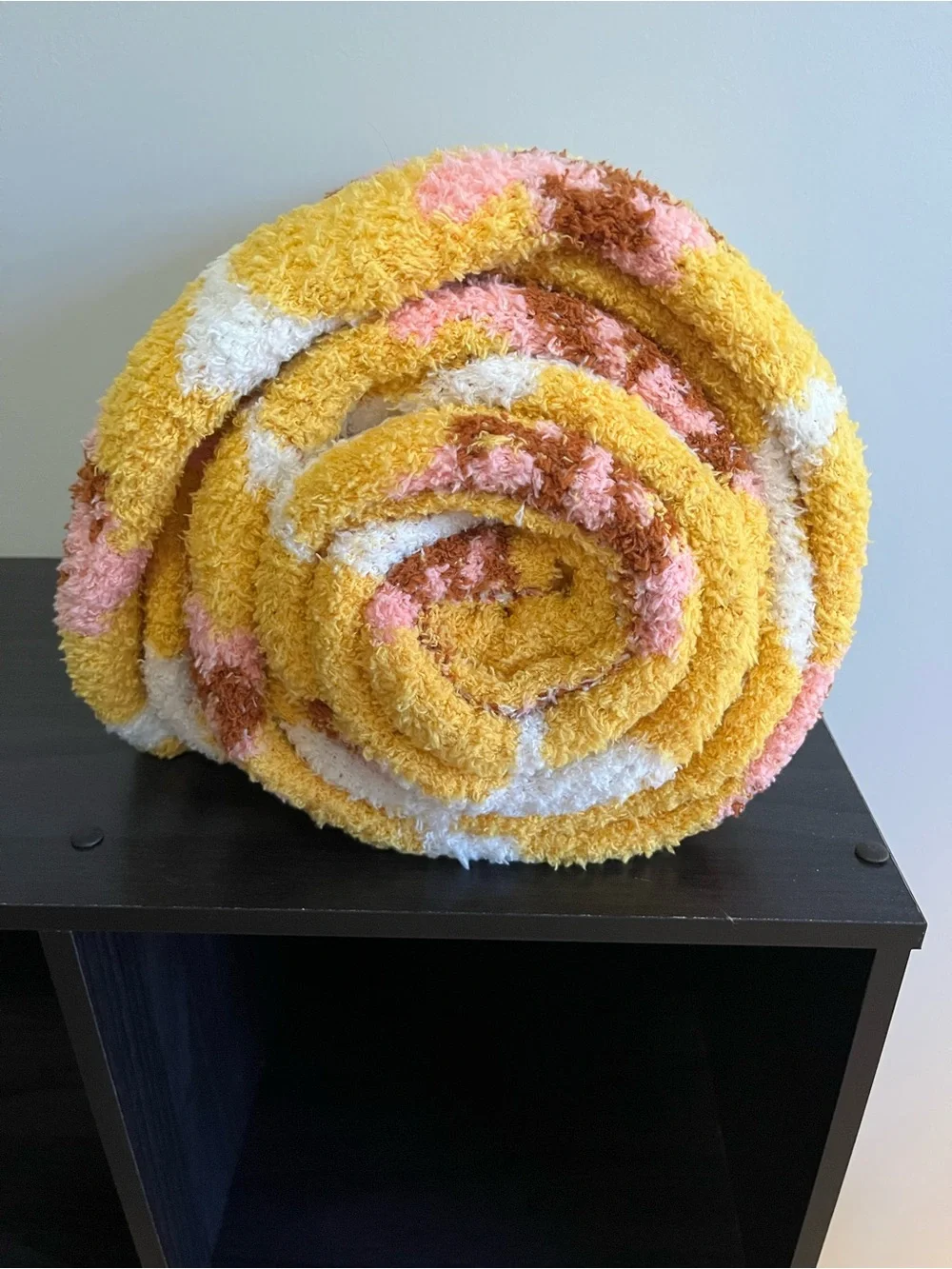 Pillowfort Yellow Plush Knit Throw with Pink White and Maroon Flower Accents